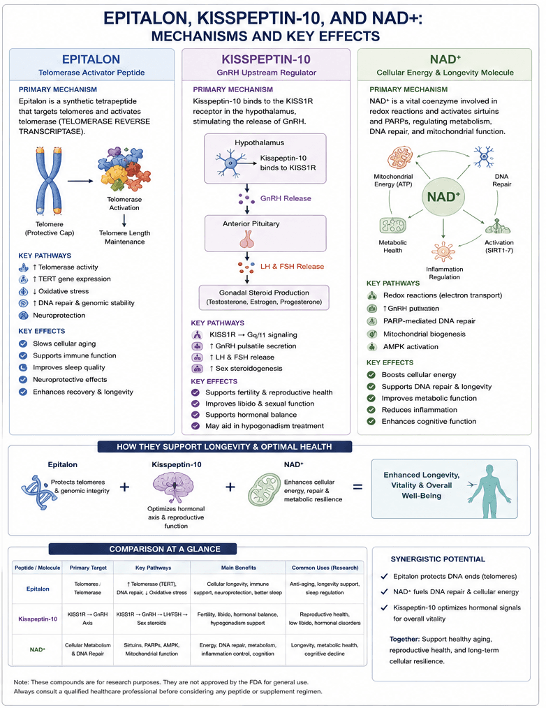 Infographic comparing the mechanisms and key effects of Epitalon, Kisspeptin-10, and NAD+ on telomeres, the reproductive hormone axis, and mitochondrial energy