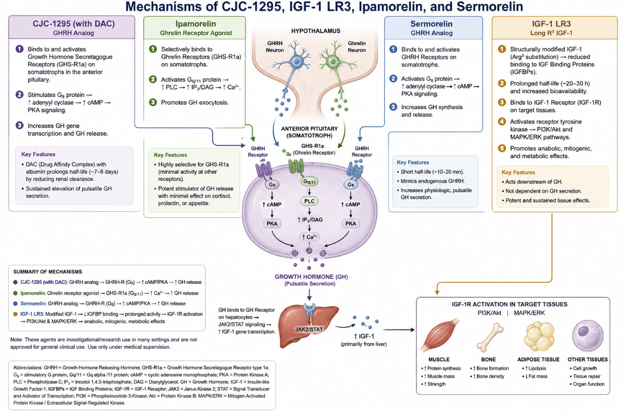 Diagram showing the mechanisms of CJC-1295, Ipamorelin, Sermorelin, and IGF-1 LR3 acting on the hypothalamic-pituitary-IGF-1 axis