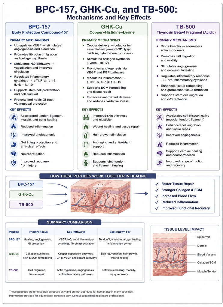 Infographic comparing the mechanisms and key effects of BPC-157, GHK-Cu, and TB-500 on tissue repair, angiogenesis, and collagen remodeling