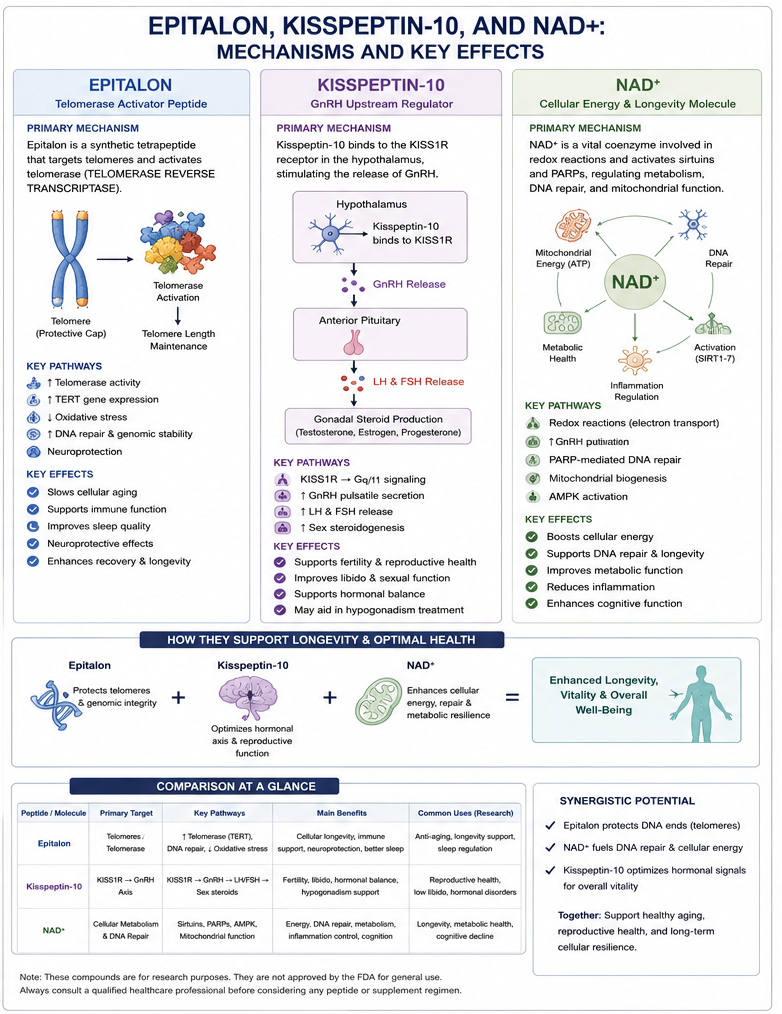 Infographic comparing Epitalon, Kisspeptin-10, and NAD+ mechanisms