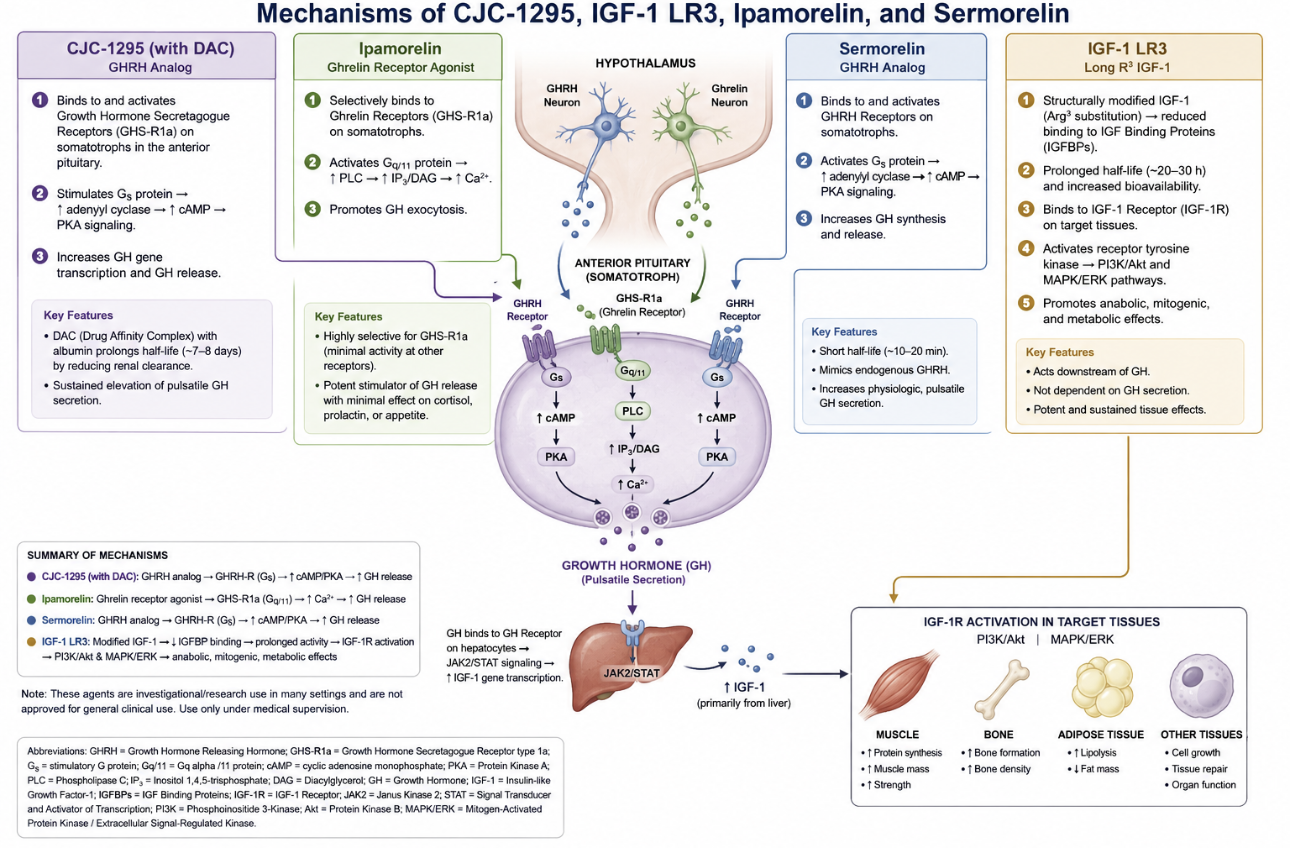 Diagram of CJC-1295, Ipamorelin, Sermorelin, and IGF-1 LR3 mechanisms