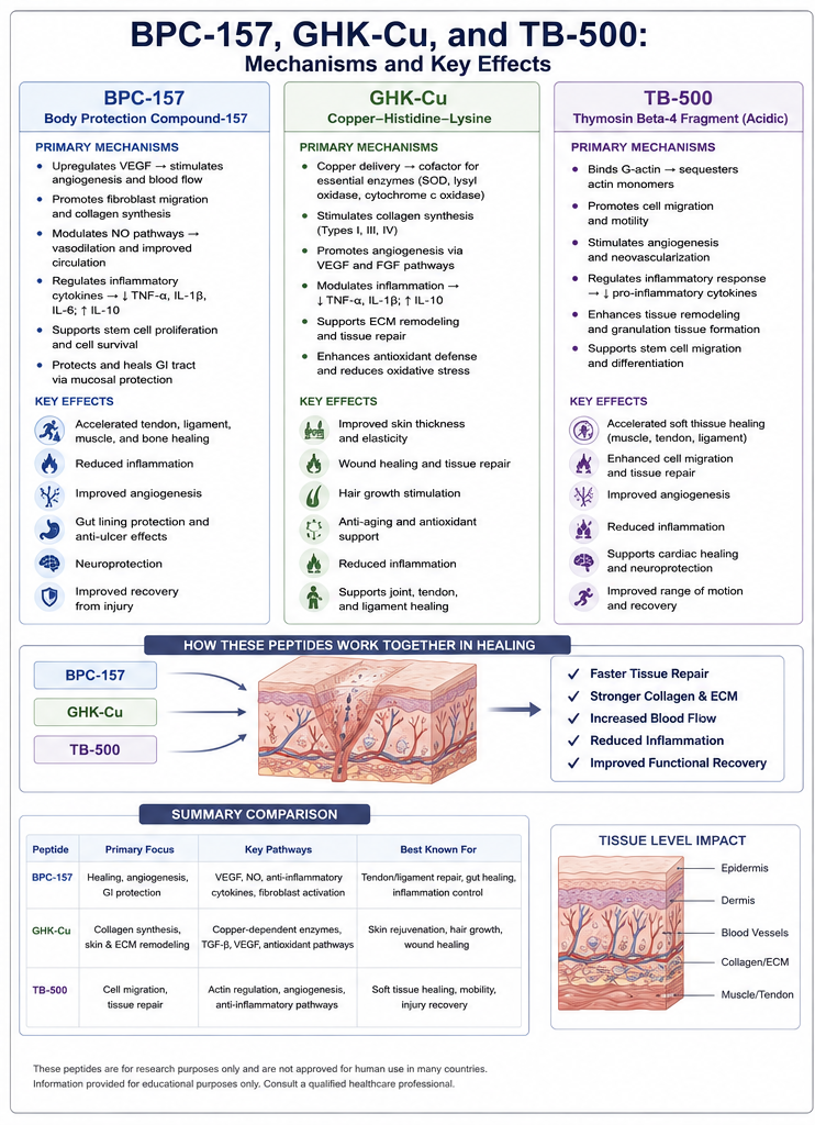 Infographic of BPC-157, GHK-Cu, and TB-500 tissue repair mechanisms